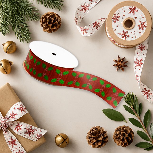 Ruban Gros-grain Festive Holly Red - Motif de Noël (Créateur téléchargé)