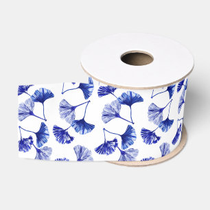 Ruban Gros-grain Feuilles de gingko bleu et blanc
