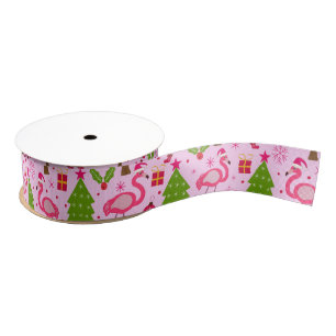 Ruban Gros-grain Flamant de Noël Tropical avec Pin sur Fond Rose