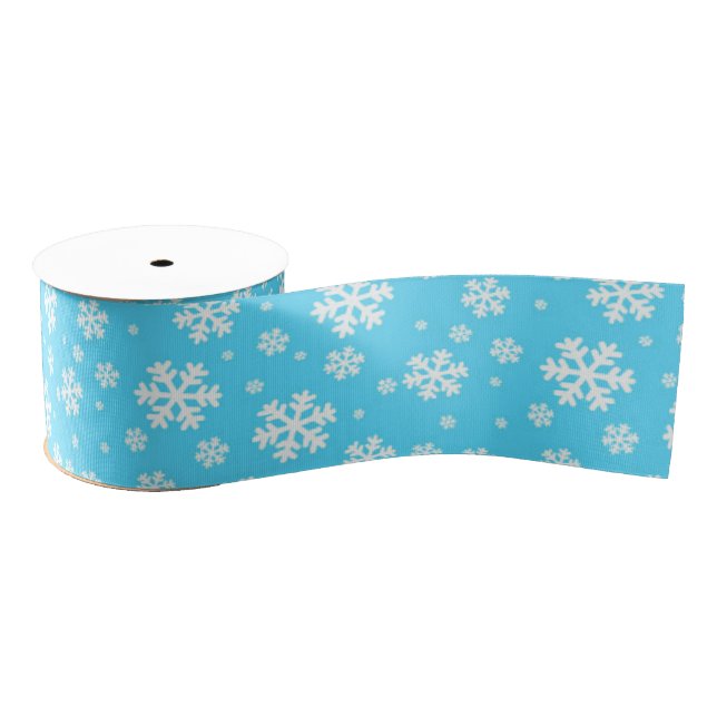Ruban Gros-grain Flammes de neige blanches sur Motif d'hiver bleu c (Bobine)