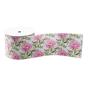 Ruban Gros-grain Fleurs de pivoines roses avec Feuilles verts Sage