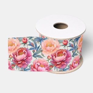 Ruban Gros-grain Fleurs de pivoines roses et poires à la française