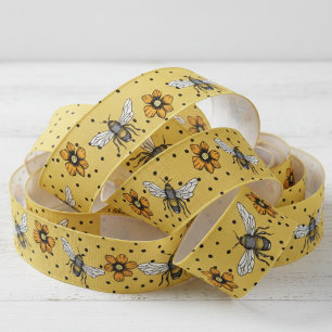 Ruban Gros-grain Fleurs Jaunes d'Abeilles et Cosmos en Fleurs