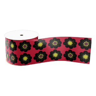 Ruban Gros-grain Fleurs scandinaves Noir Rouge