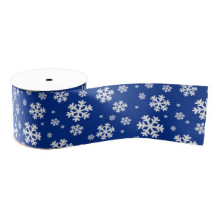 Ruban Gros-grain Flocons blancs sur motif d'hiver bleu foncé