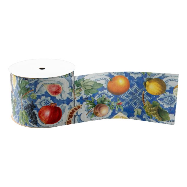 Ruban Gros-grain Fruit d'été méditerranéen & Mosaïque Bleue Blanc (Bobine)