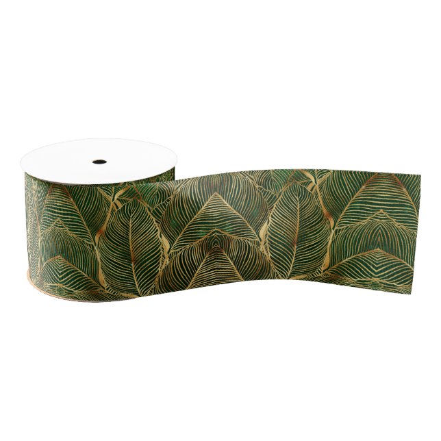Ruban Gros-grain Gold Leaves Forest Green Elegant Pattern (Bobine)