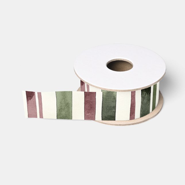 Ruban Gros-grain Green Burgundy Red Cream Stripes Christmas (Bobine)