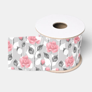 Ruban Gros-grain Gris et rose. Motif floral