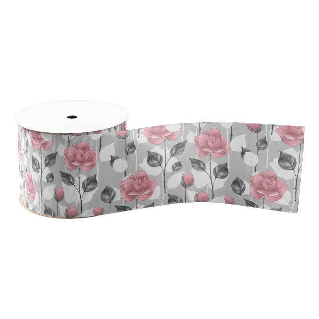 Ruban Gros-grain Gris et rose. Motif floral (Bobine)