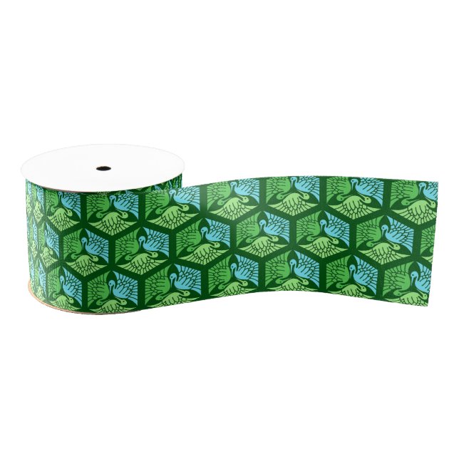 Ruban Gros-grain Grues japonaises, Jade Green et Bleu clair (Bobine)