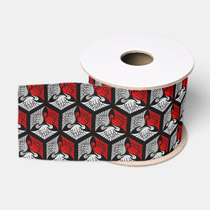 Ruban Gros-grain Grues japonaises, rouge, gris / gris / noir 