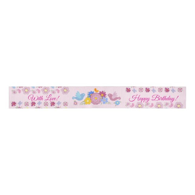 Ruban Gros-grain Happy Birthday Wild Flowers Garden Birds Pattern (Devant)