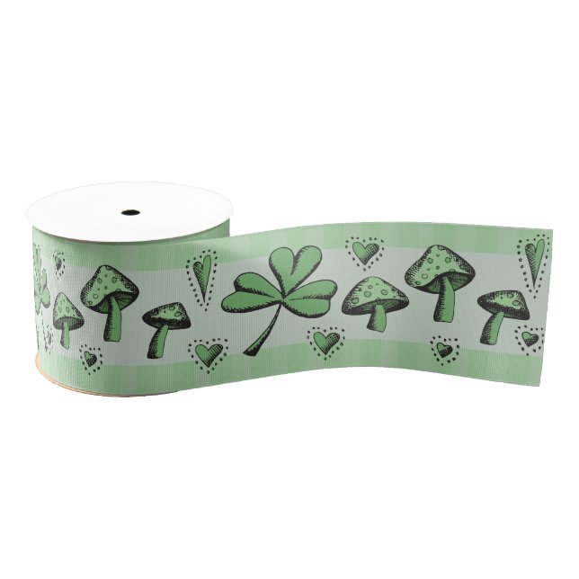 Ruban Gros-grain Irish Green Coeurs et champignons Shamrock 3" Gros (Bobine)