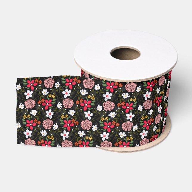 Ruban Gros-grain Joli blanc rose floral noir brush Strokes (Bobine)