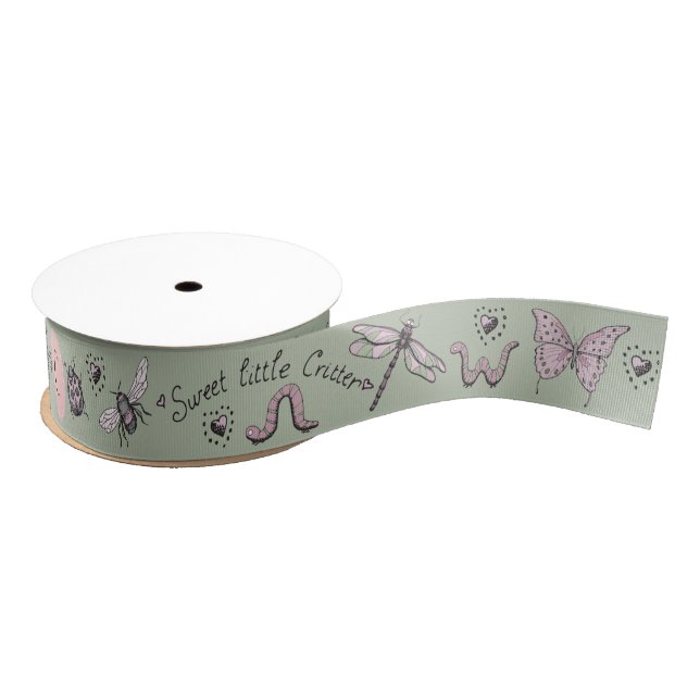 Ruban Gros-grain Joli Monogramme d'insectes rose et vert pâle (Bobine)