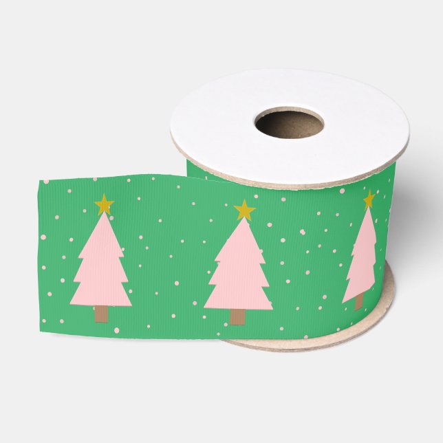 Ruban Gros-grain Joli Noël rose, Golden Stars Sea Green (Bobine)