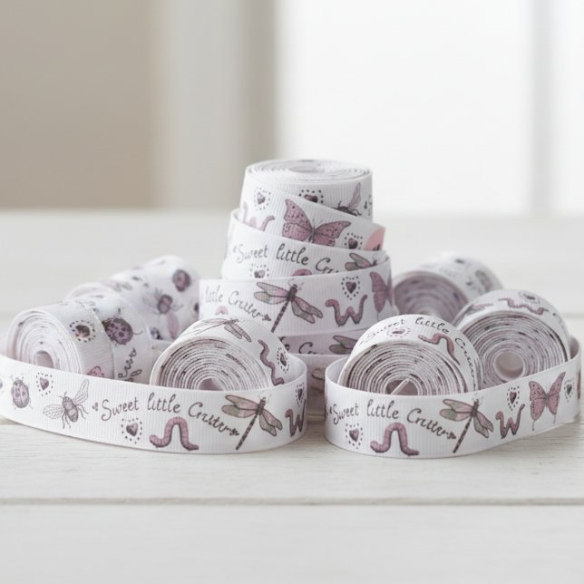 Ruban Gros-grain Joli Rose et Sage Girly Insect Monogramme (Cute Nature Insect Ribbon for Girl. Whimsical Bugs Pattern & Monogram for Her for Girl Baby Shower )