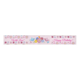 Ruban Gros-grain Joyeux Anniversaire Fleurs Sauvages Jardin Oiseaux