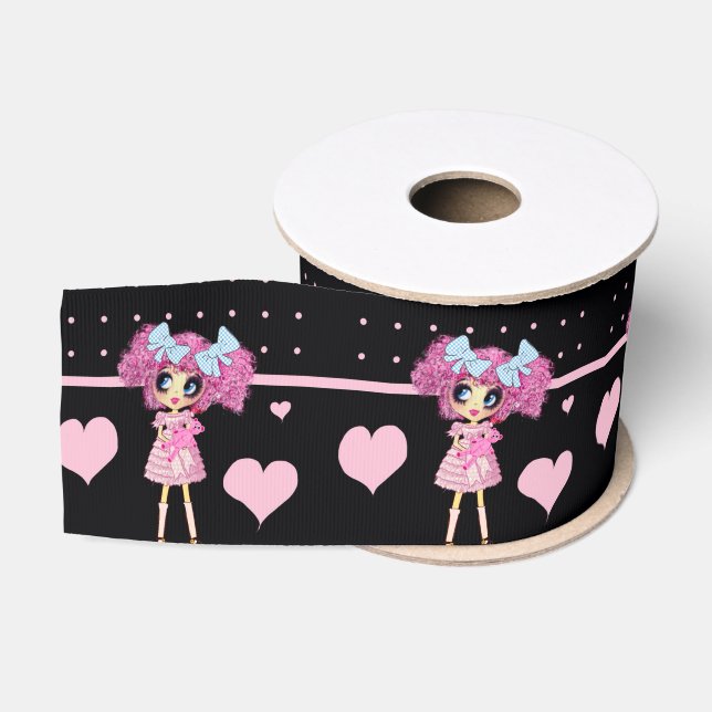Ruban Gros-grain Kawaii Girl PinkP - Coeurs roses noires tendance (Bobine)