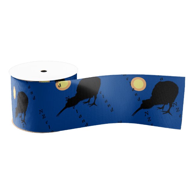 Ruban Gros-grain Kiwi Bird & Moon, New Zealand text /blue Grosgrain (Bobine)