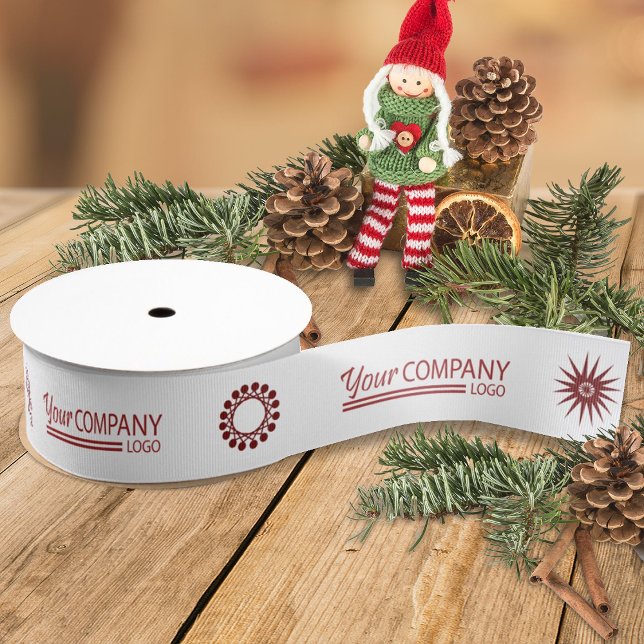 Ruban Gros-grain Logo rouge Flocon de neige rouge Business Logo de  (white ribbon with red business logo, red company holiday christmas gift ribbon, promotional logo)