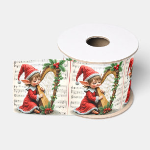 Ruban Gros-grain Lutin de Noël jouant de la harpe