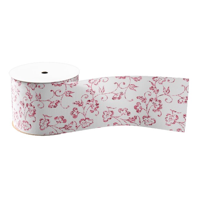 Ruban Gros-grain Mariage Fleuris Pailletés Blanc Rose Romantique (Bobine)
