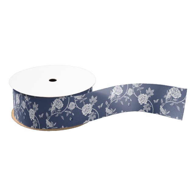 Ruban Gros-grain Marine Chinoiserie Floral (Bobine)