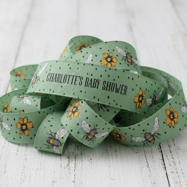 Ruban Gros-grain Merci de Baby shower des abeilles vertes Sage (Sweet as Can Bee Baby Shower Ribbon. Bees, Flowers & Polka Dots Pattern for Mommy to Be or Birthday)