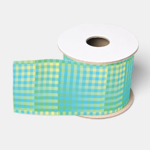 Ruban Gros-grain Motif Abstrait à Damier Bleu Vert