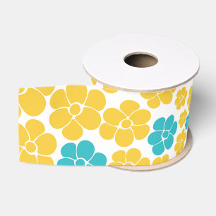 Ruban Gros-grain Motif aux fleurs - Turquoise et Jaune
