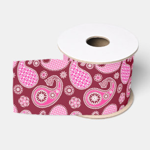 Ruban Gros-grain Motif cachemire, bordeaux, rose et blanc