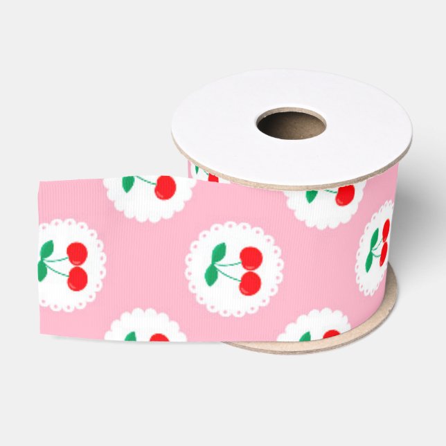 Ruban Gros-grain Motif Cerise – Cadeau & Décoration Rétro aux Fruit (Bobine)