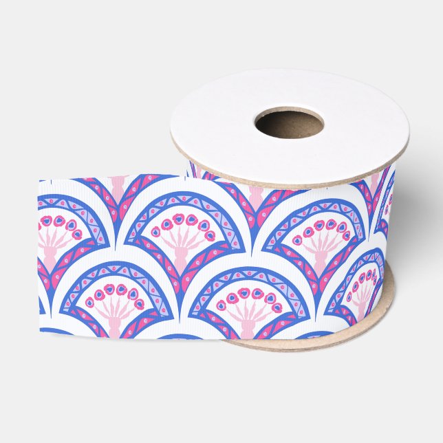 Ruban Gros-grain motif damassé floral bleu (Bobine)