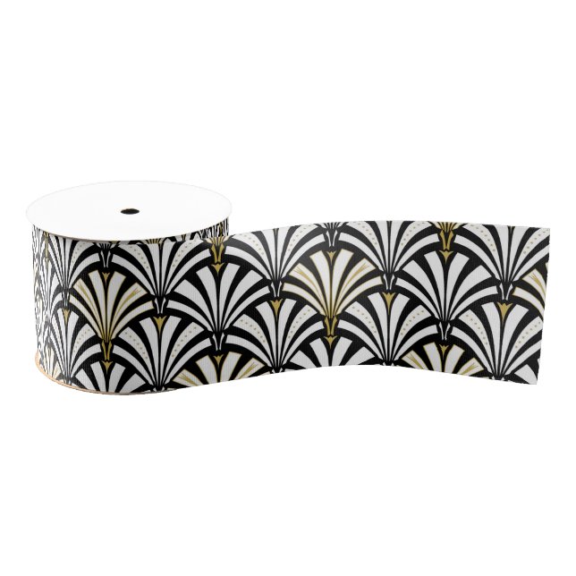 Ruban Gros-grain Motif de fan d'art déco - blanc et noir (Bobine)