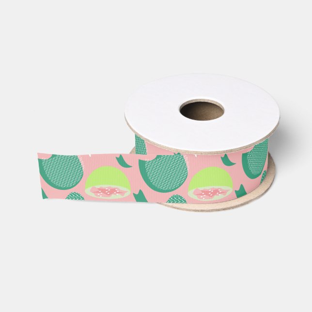 Ruban Gros-grain Motif de fruits vert rose goyave (Bobine)