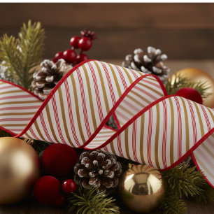 Ruban Gros-grain Motif de Noël à rayures fines de bonbon rouge et o