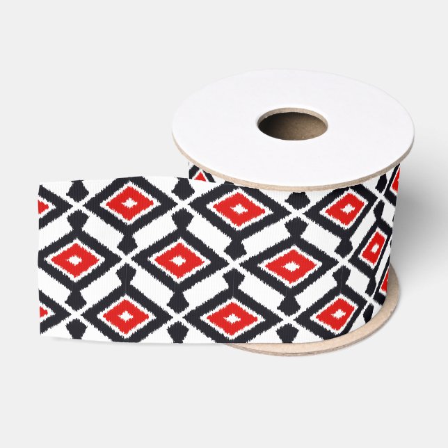 Ruban Gros-grain Motif d'Ikat - rouge foncé, noir et blanc (Bobine)