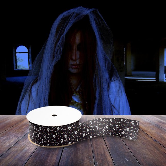 Ruban Gros-grain Motif d'os d'oreilles de crâne d'Halloween noir (Créateur téléchargé)