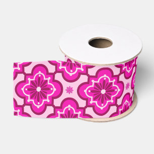 Ruban Gros-grain Motif en tuiles marocaines - Fuchsia Pink