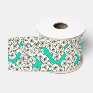Ruban Gros-grain Motif floral Art Déco - blanc sur turquoise