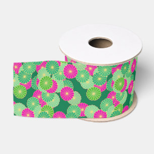 Ruban Gros-grain Motif floral Art Déco - nuances de vert, fuchsia
