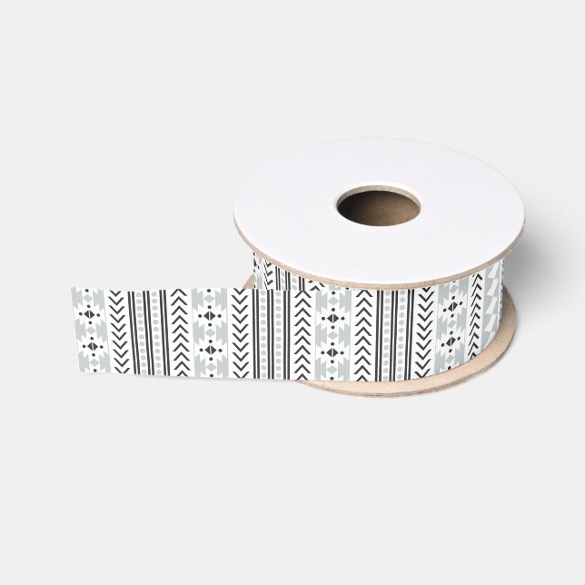 Ruban Gros-grain Motif géométrique tribal aztèque blanc noir gris (Bobine)