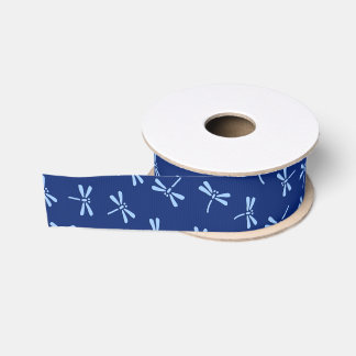 Ruban Gros-grain Motif japonais de libellules, Navy et Sky Blue
