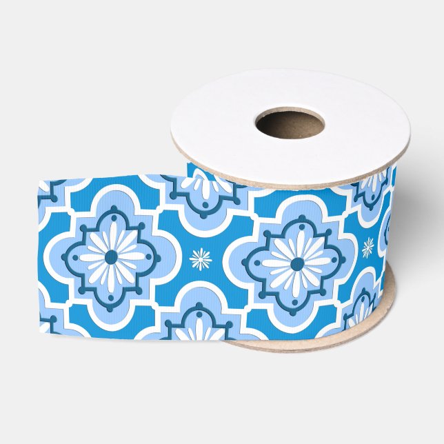 Ruban Gros-grain Motif marocain de tuile - bleu et blanc (Bobine)