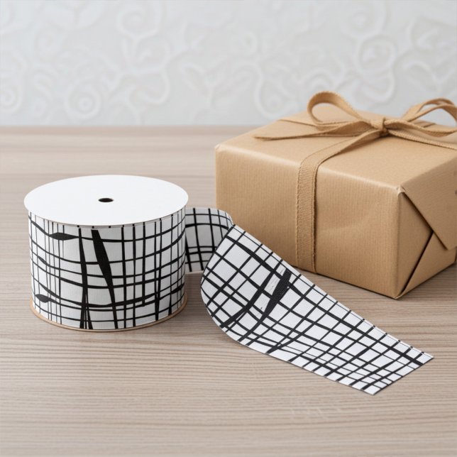 Ruban Gros-grain Motif moderne en maille grise noire et blanche (Elegant, modern gift wrapping ribbon)