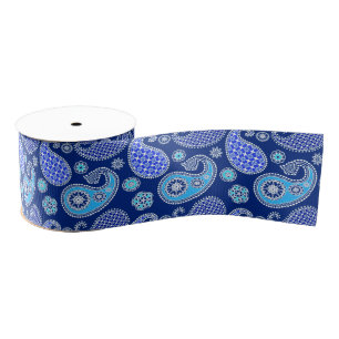 Ruban Gros-grain Motif Paisley, bleu cobalt et blanc