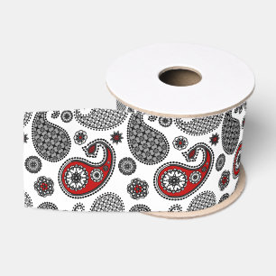 Ruban Gros-grain Motif Paisley, noir, blanc et rouge