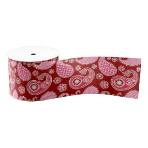 Ruban Gros-grain Motif Paisley, rouge foncé, rose et blanc